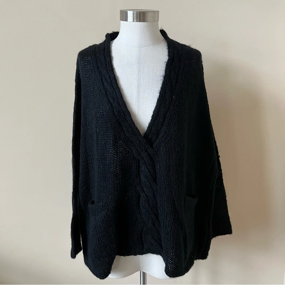 BCBGMaxazria oversized solid black wool blend v neck sweater 483_2